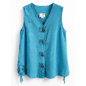 La Fixsun Women's Sz Small Blue Toggle Button Ruched Side Sleeveless Linen Artsy